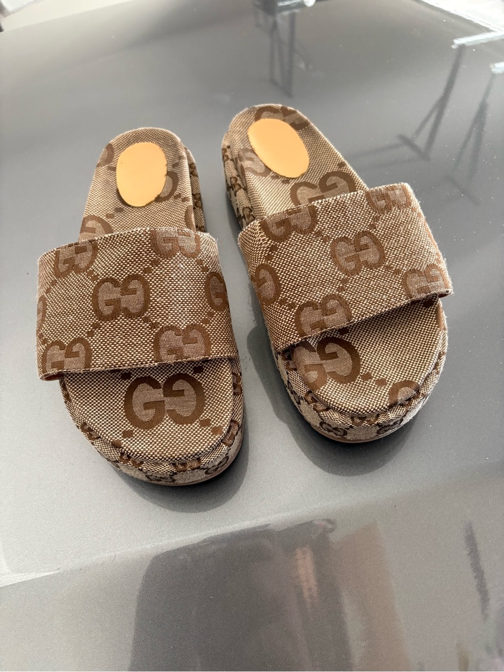Gucci women Beige Brown GG Monogram Slide Sandals
